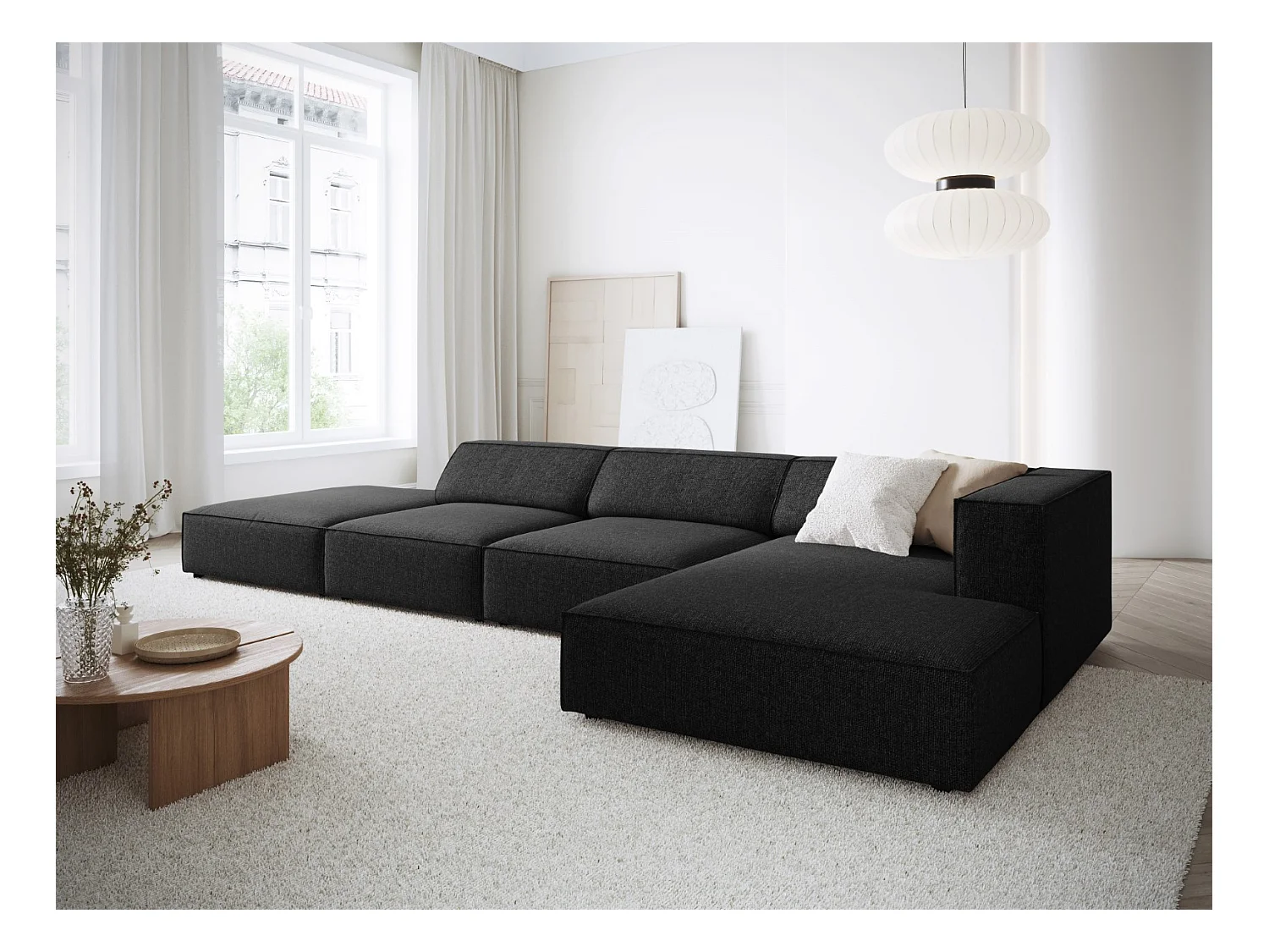 Cosmopolitan Design - Divano angolare destro "Arendal" 5 posti in ciniglia nero - 341x166x70cm