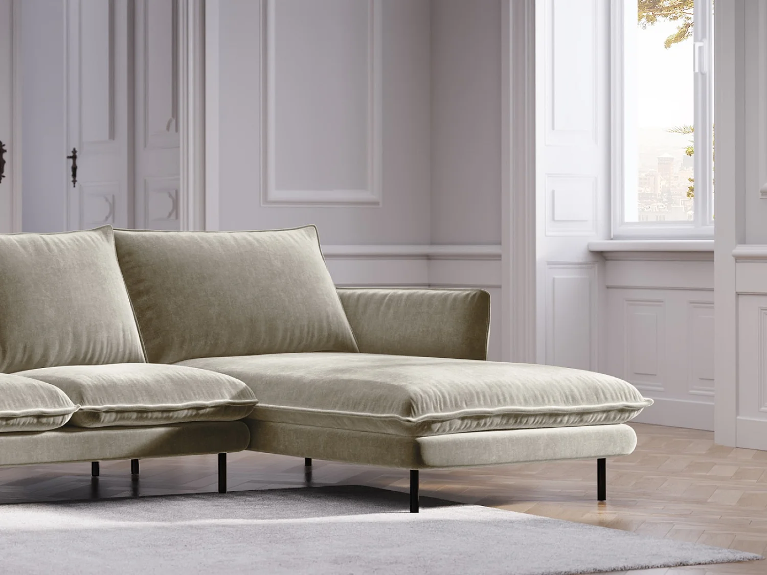 Cosmopolitan Design - 5-Sitzer Ecksofa rechts "Vienna" aus Samt beige - 255x170x95cm