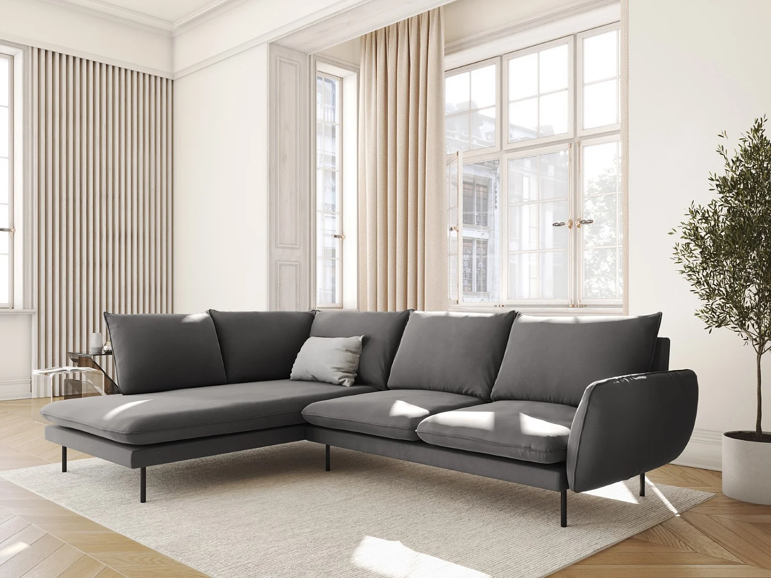 Cosmopolitan Design - Linker hoekbank "Vienna" 6 zitplaatsen, Flueel, Lichtgrijs - 275x185x95cm