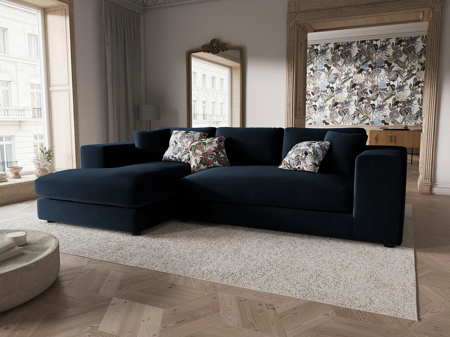 CXL by Christian Lacroix - Linker hoekbank "Tendance" 5 zitplaatsen, Flueel, Donkerblauw - 282x174x72cm