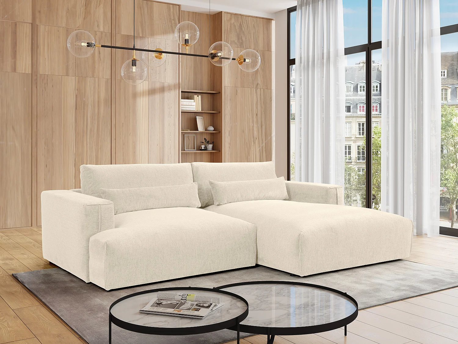 Canapé d'angle droit en tissu chenille beige COLYSIA