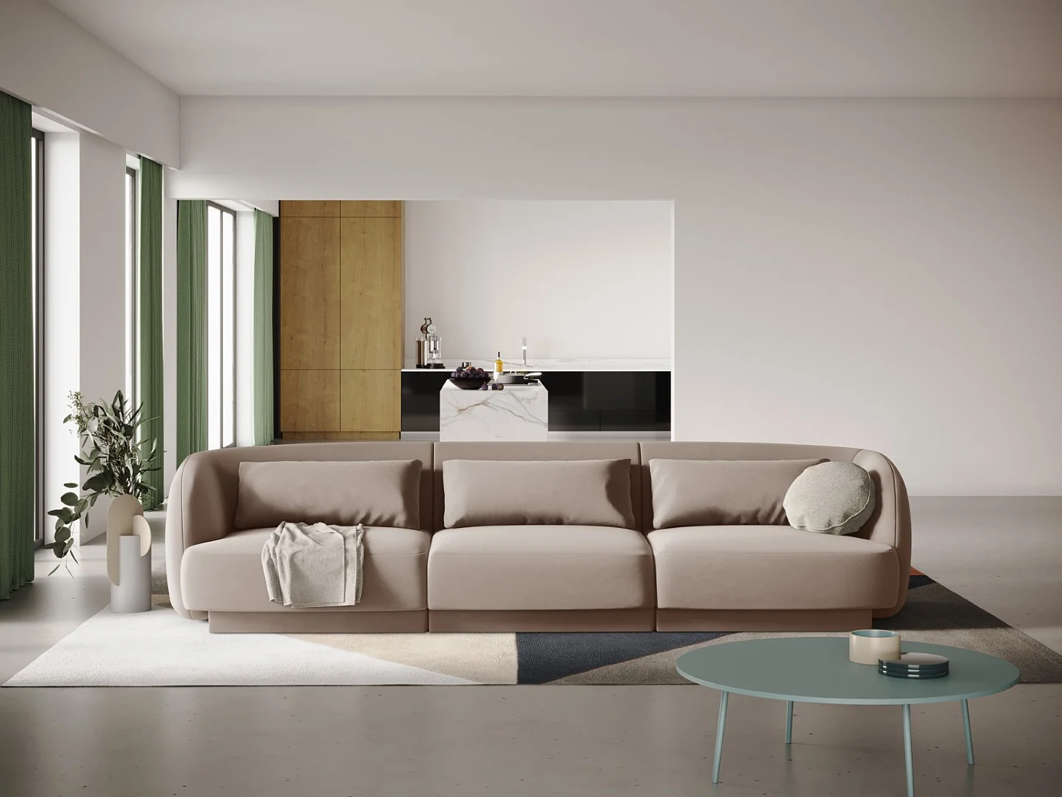 Cosmopolitan Design - Canapé "Tulum" 3 places en velours beige - 255x90x70cm