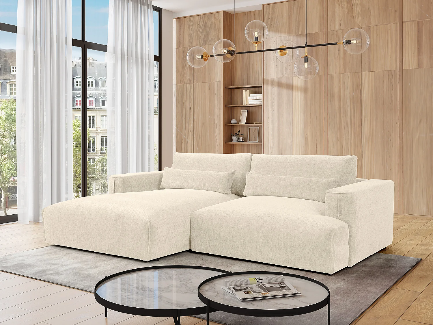 Canapé d'angle gauche en tissu chenille beige COLYSIA