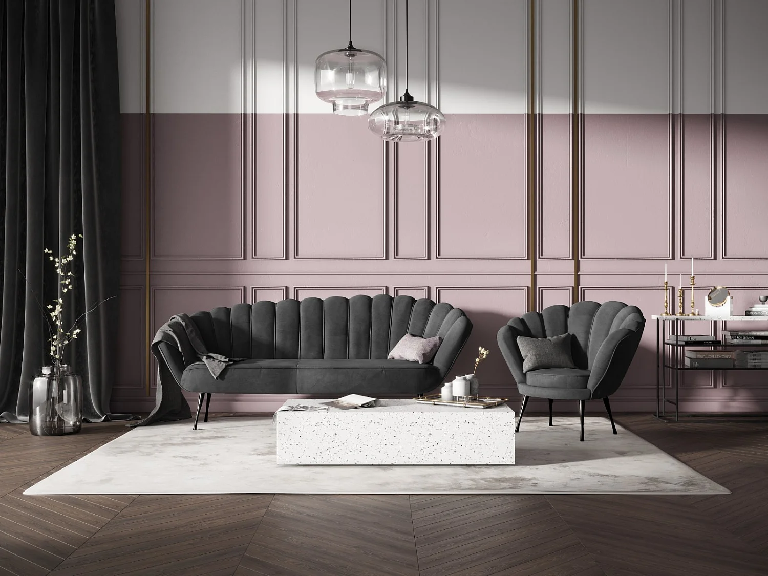 Cosmopolitan Design - Canapé "Kingston" 3 places en velours gris foncé - 224x95x85cm