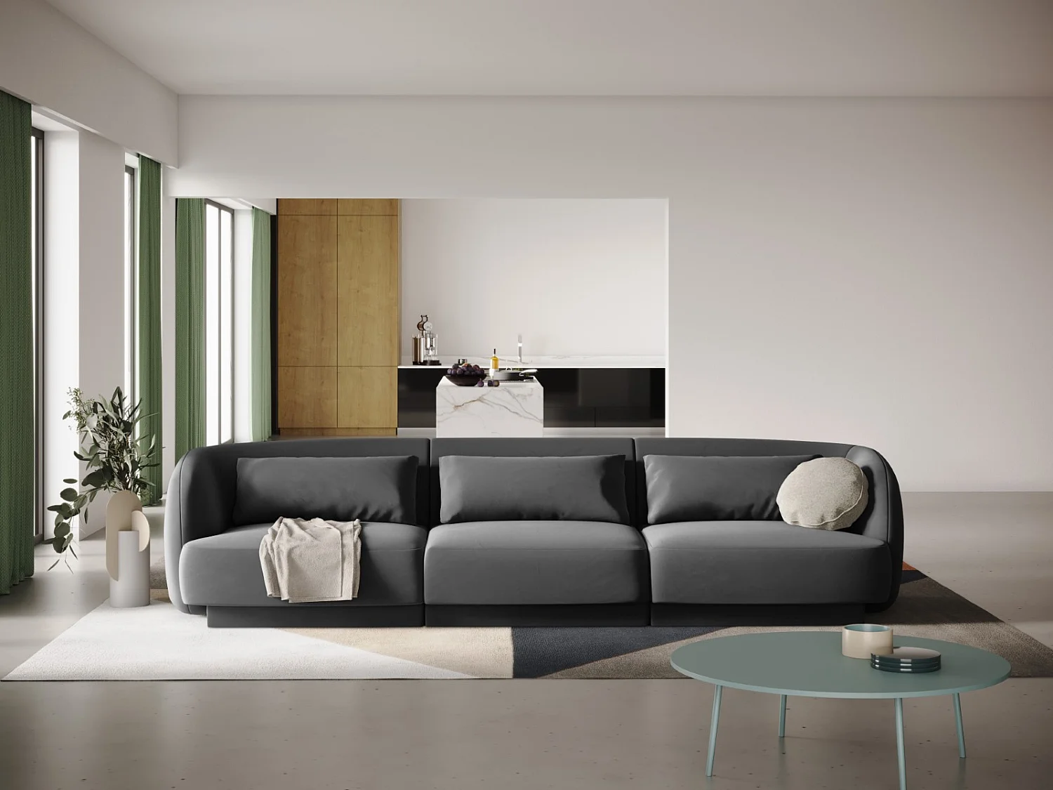 Cosmopolitan Design - Bank "Tulum" 3 zitplaatsen, Flueel, Grijs - 255x90x70cm