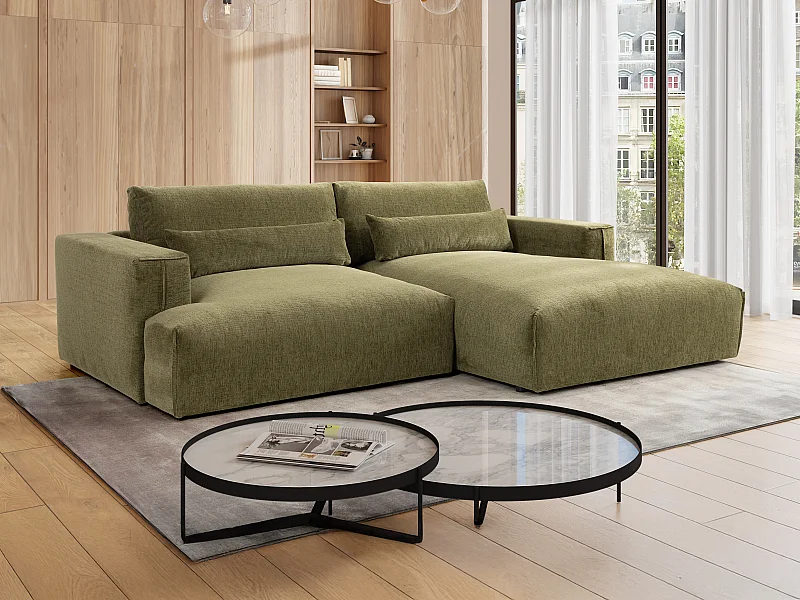 Canapé d'angle droit en tissu chenille vert kaki COLYSIA