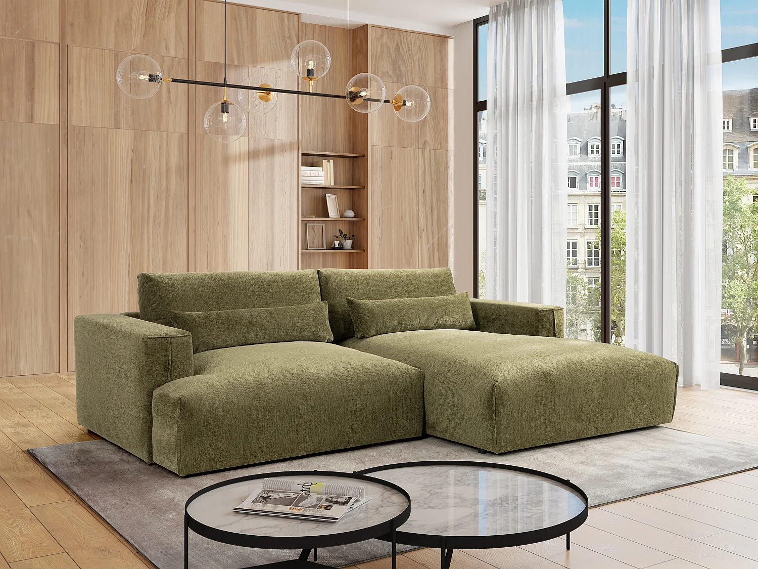 Canapé d'angle droit en tissu chenille vert kaki COLYSIA