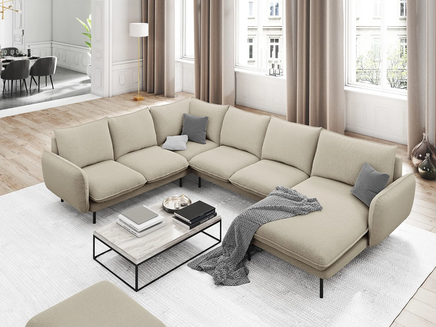 Cosmopolitan Design - Canapé d'angle gauche panoramique "Vienna" 7 places en tissu structurel beige - 330x235x95cm
