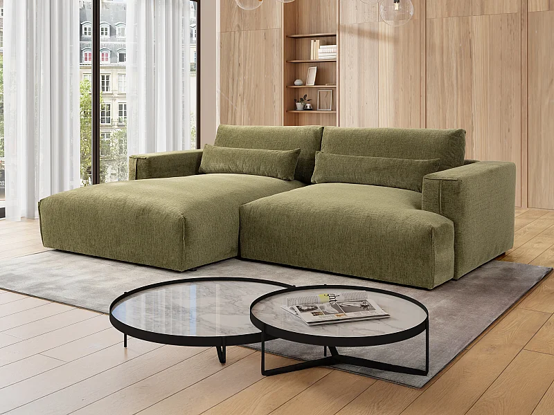 Canapé d'angle gauche en tissu chenille vert kaki COLYSIA
