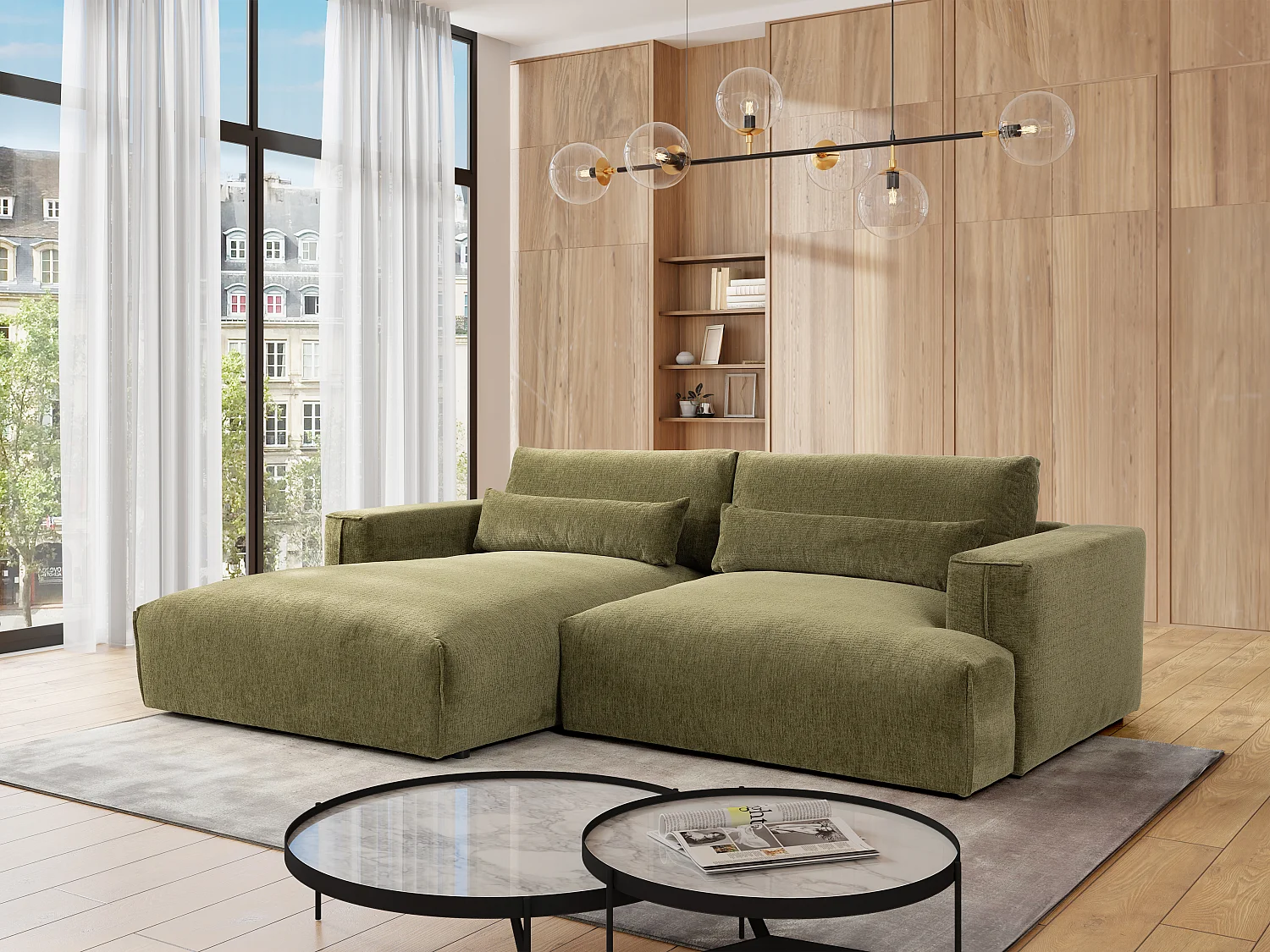 Canapé d'angle gauche en tissu chenille vert kaki COLYSIA