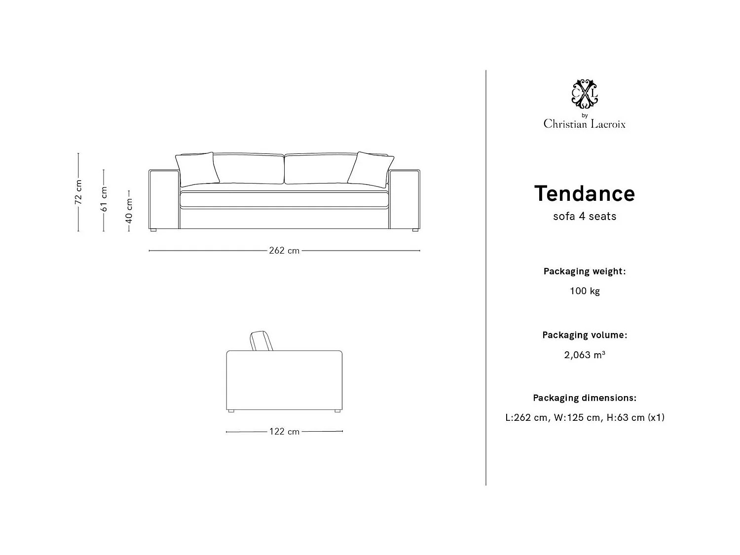 CXL by Christian Lacroix - Canapé "Tendance" 4 places en velours gris clair - 262x122x72cm