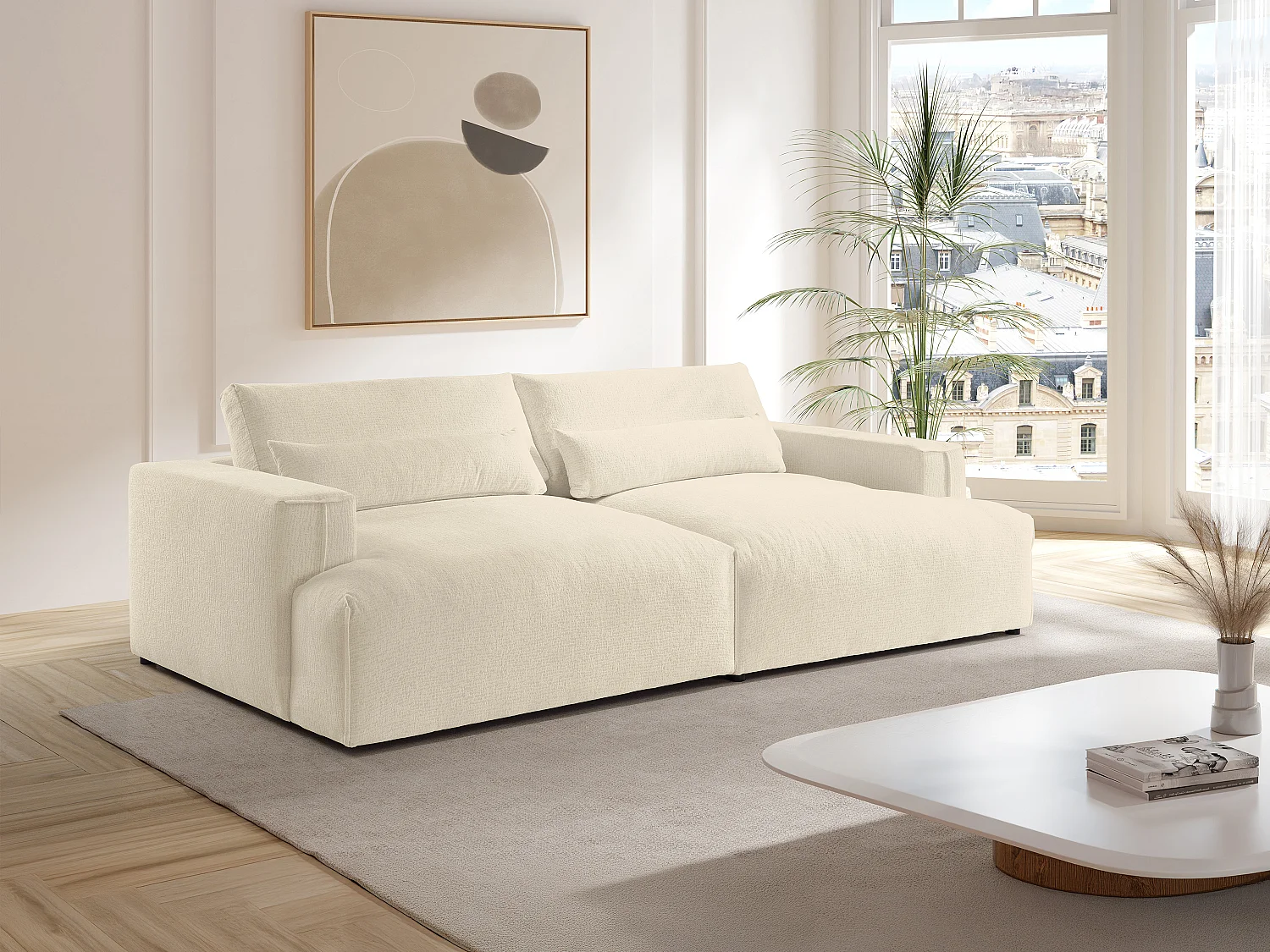 Canapé 4 places confort assise profonde en tissu chenille beige COLYSIA
