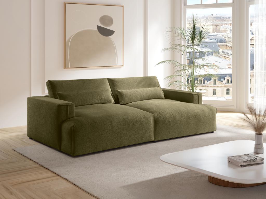 Canapé 4 places confort assise profonde en tissu chenille vert kaki COLYSA