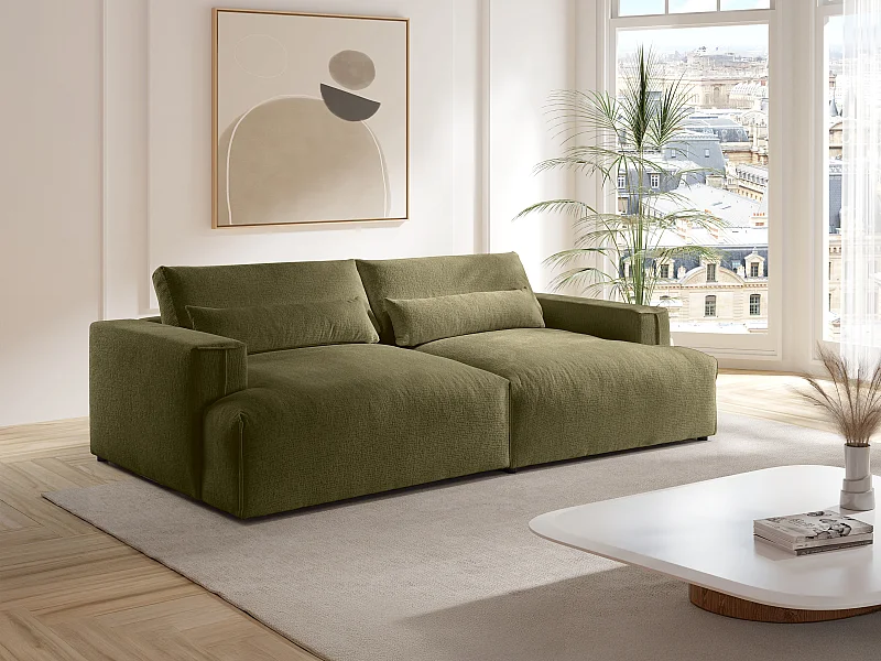 Canapé 4 places confort assise profonde en tissu chenille vert kaki COLYSIA