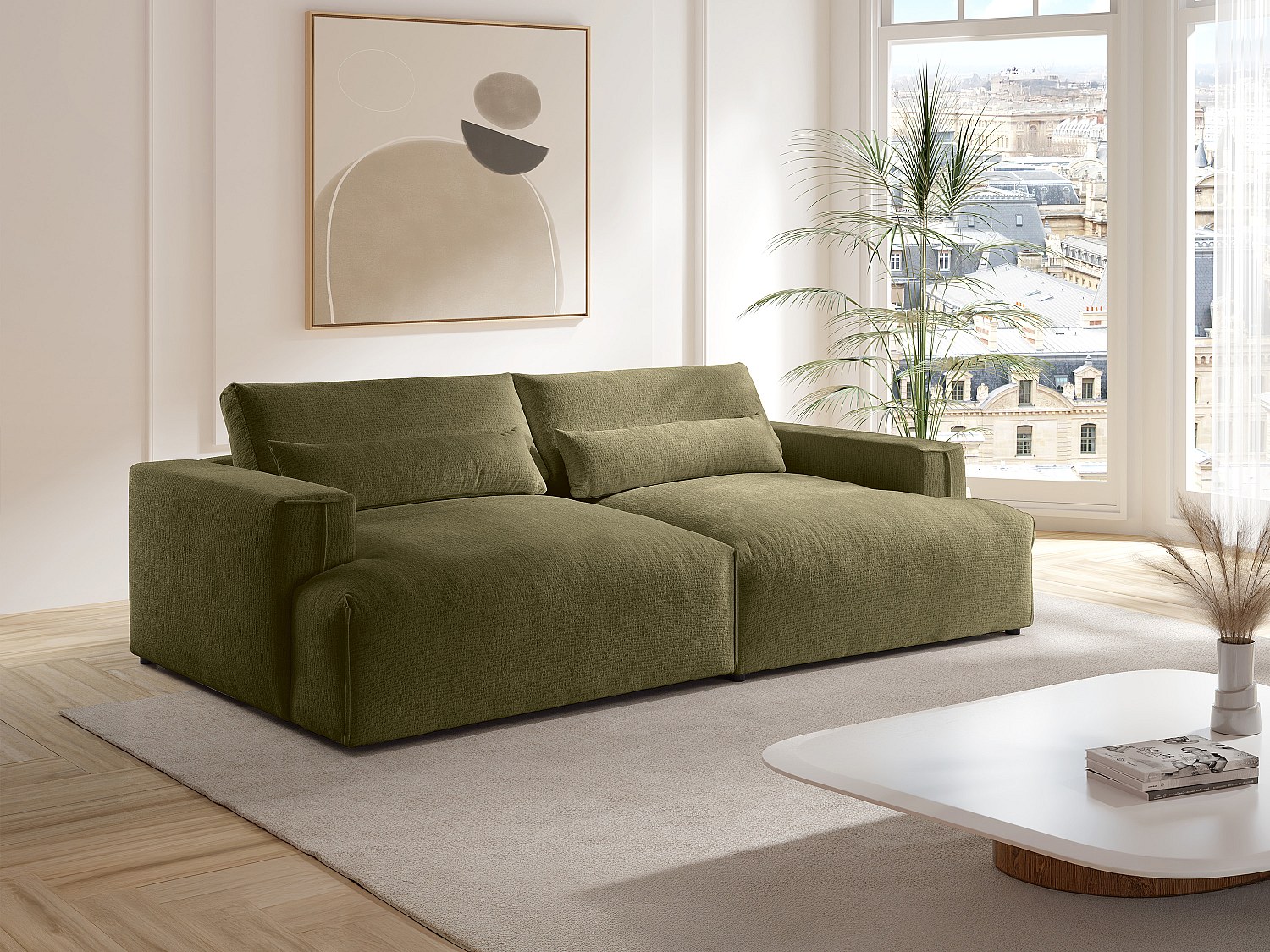 Sofa 4-Sitzer - tiefe Komfortsitzfläche - Chenille-Stoff - Khaki - COLYSIA günstig online kaufen