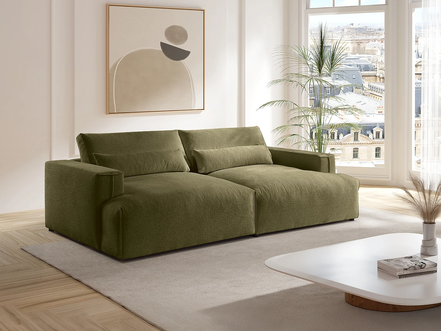 Canapé 4 places confort assise profonde en tissu chenille vert kaki COLYSIA