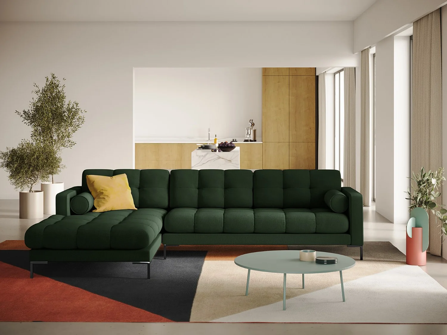 Cosmopolitan Design - 5-Sitzer Ecksofa links "Bali" aus strukturiertem Stoff dunkelgrün - 293x185x75cm