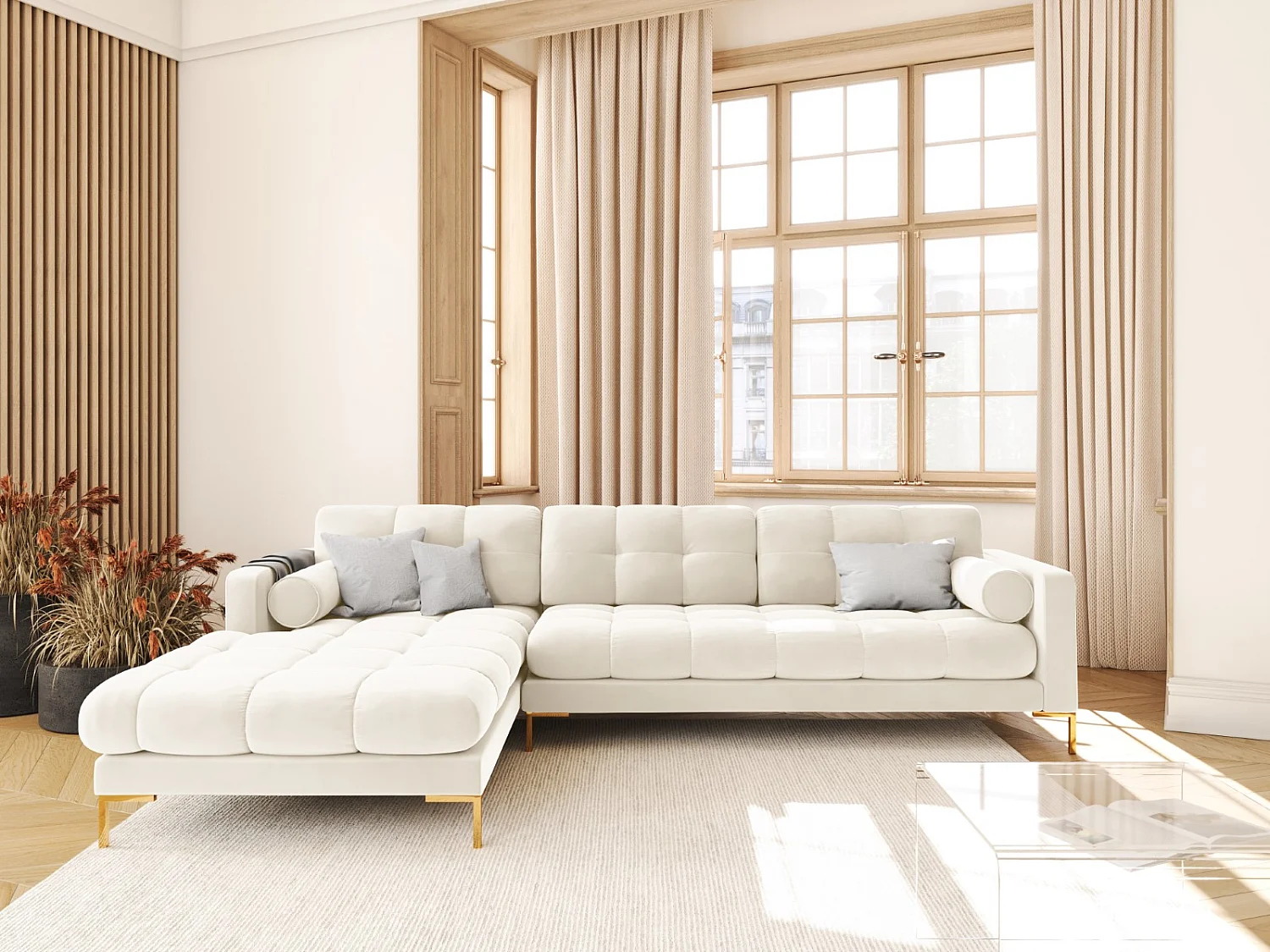 Cosmopolitan Design - 5-Sitzer Ecksofa links "Bali" aus Samt leichtes beige - 293x185x75cm