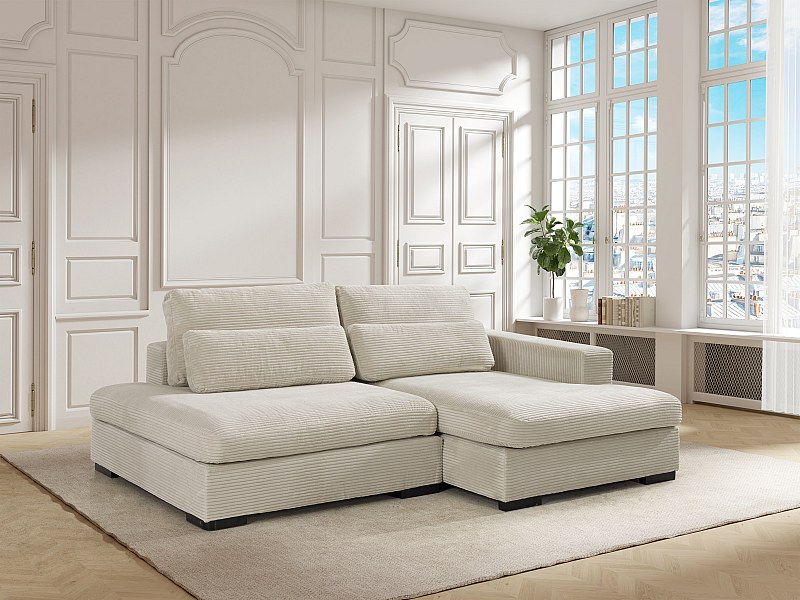 Ecksofa mit rechter Ecke, konvertierbar in beigeem Rippvelours SELIORA
