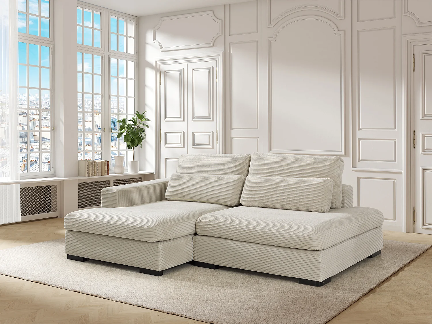Hoekslaapbank met hoek links van beige ribfluweel SELIORA