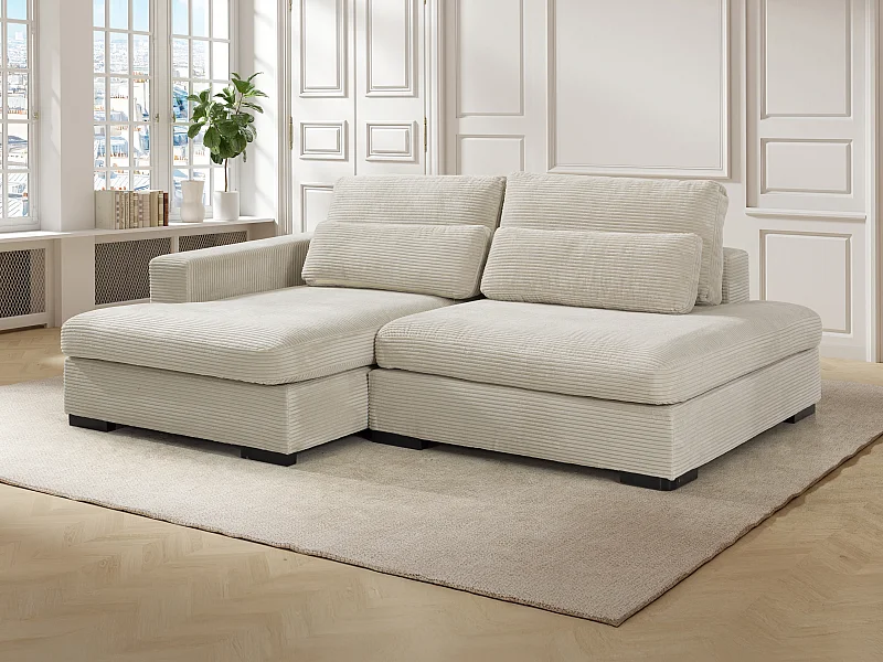 Vänster hörnsoffa, bäddsoffa, beige manchestersammet SELIORA