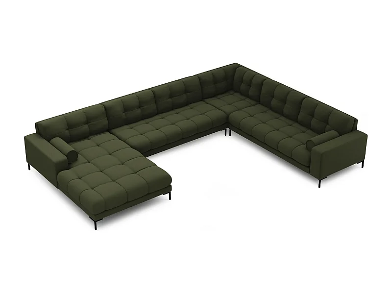 Cosmopolitan Design - Sofá esquinero panorámico derecho "Bali" 7 plazas de tejido estructural verde - 327x256x75cm