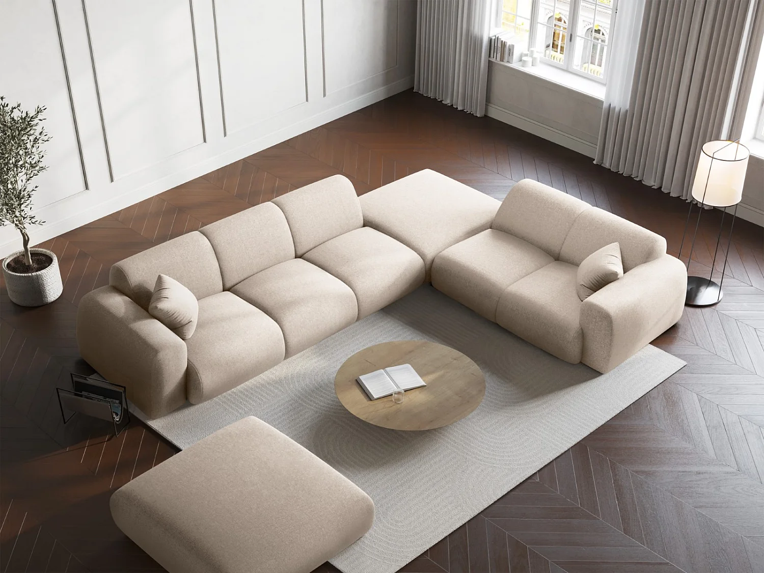 Cosmopolitan Design - Canapé d'angle droit "Nolio" 4 places en chenille beige clair - 315x250x72cm