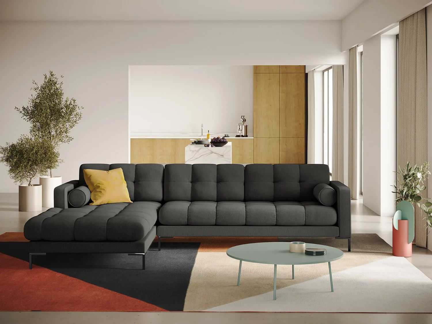 Cosmopolitan Design - Canapé d'angle gauche "Bali" 5 places en tissu structurel gris foncé - 293x185x75cm