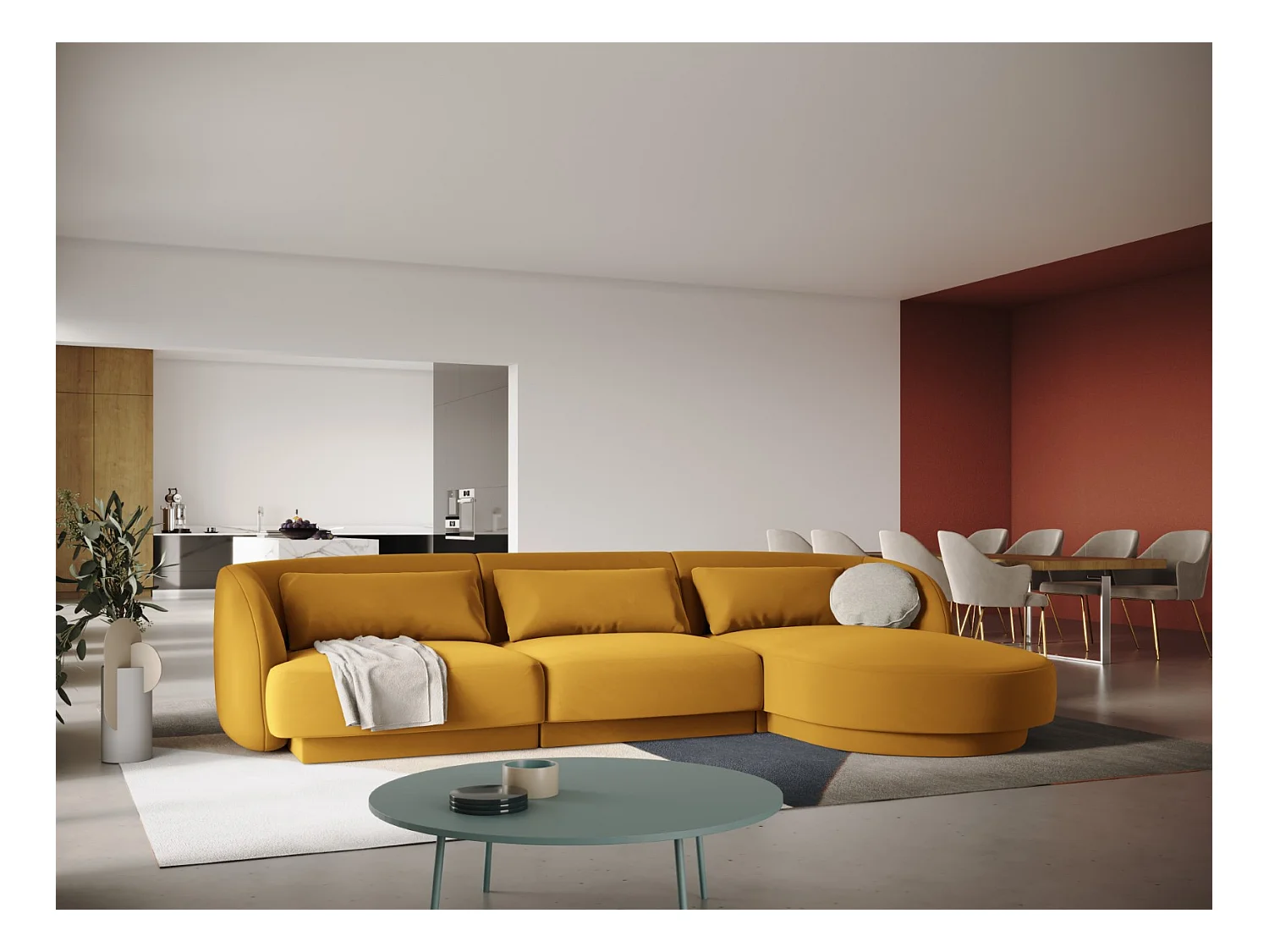 Cosmopolitan Design - Canapé d'angle droit "Tulum" 4 places en velours jaune - 255x156x70cm