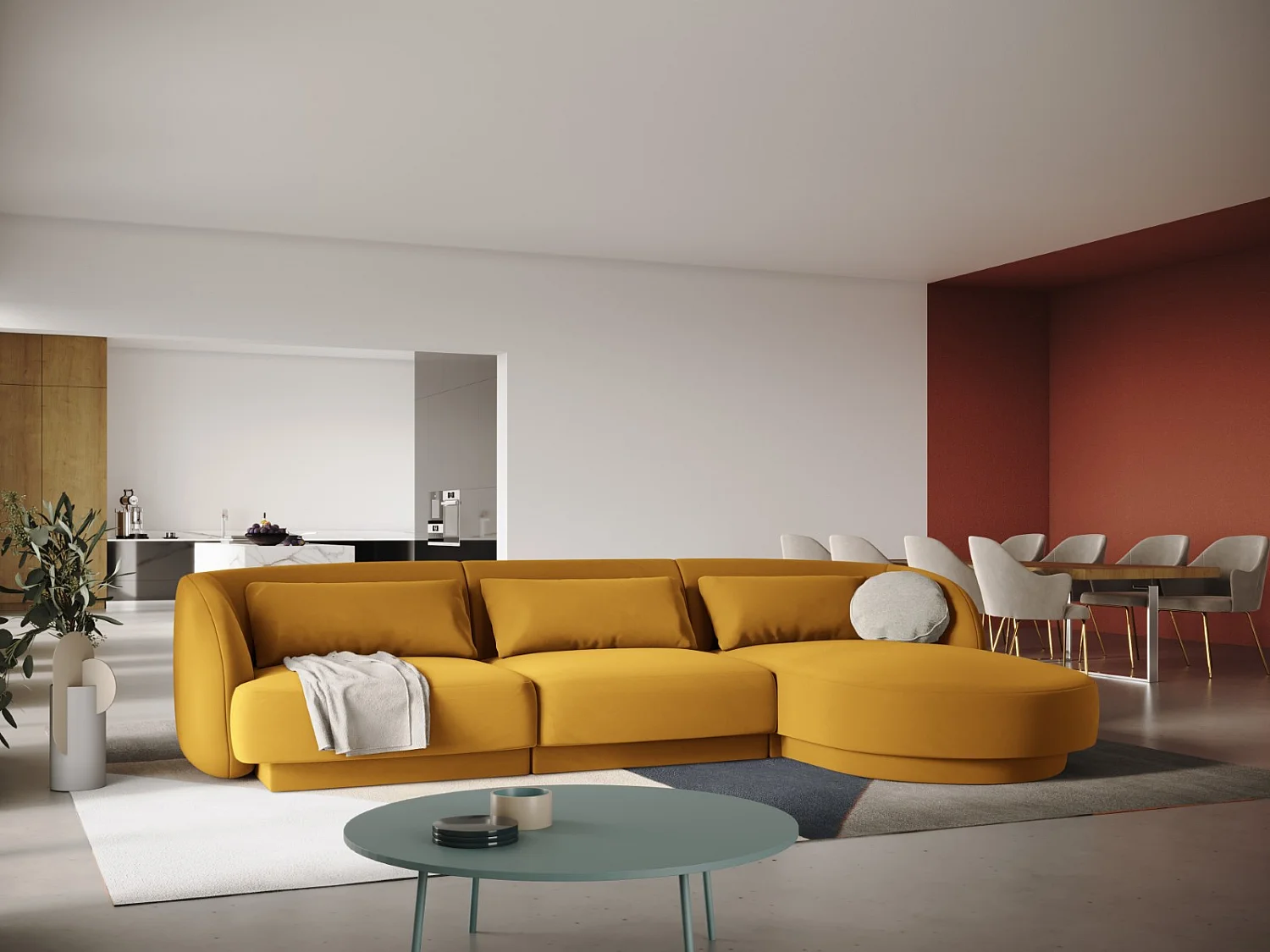 Cosmopolitan Design - Canapé d'angle droit "Tulum" 4 places en velours jaune - 255x156x70cm