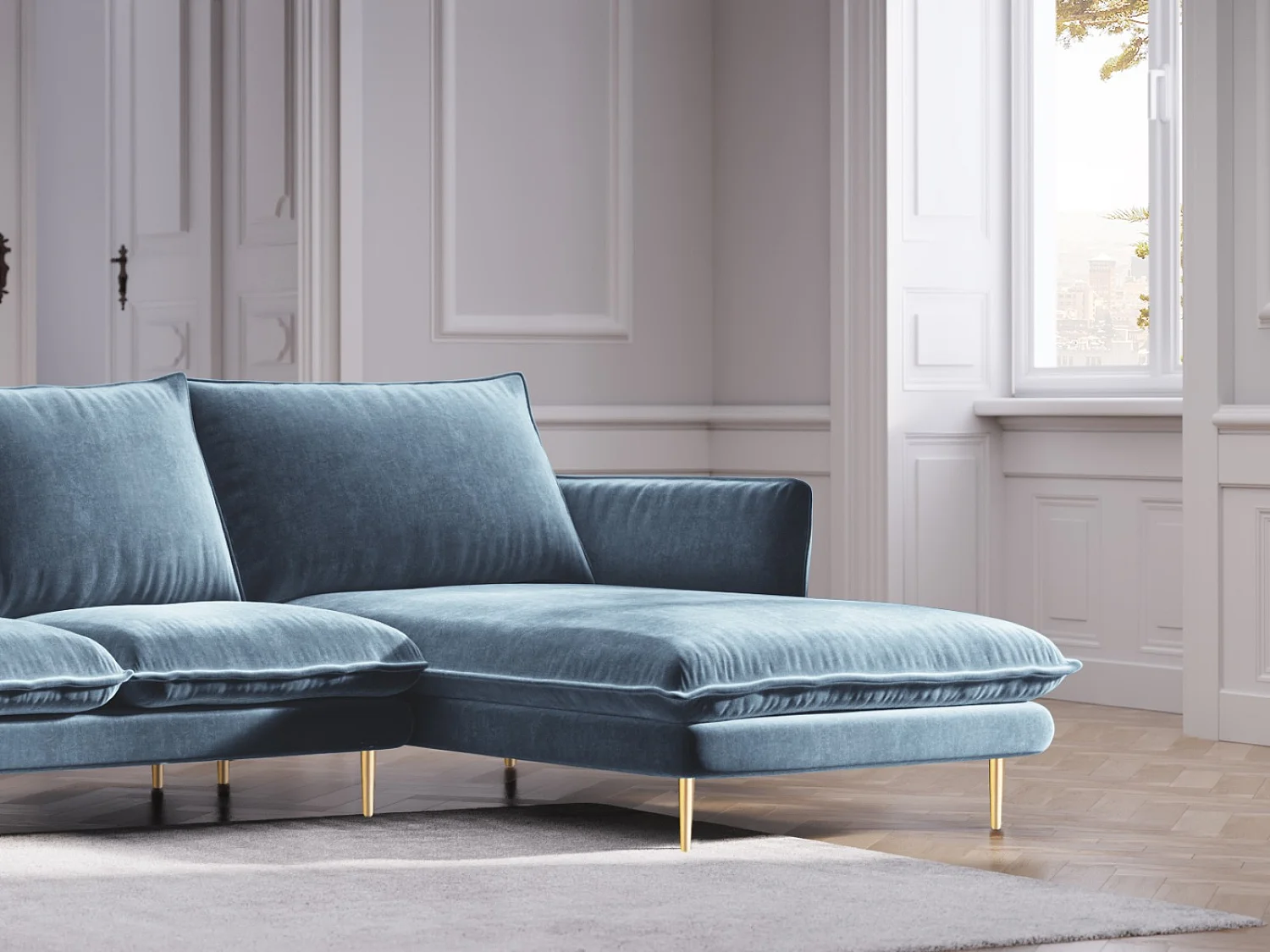 Cosmopolitan Design - Canapé d'angle droit "Vienna" 5 places en velours bleu - 255x170x95cm