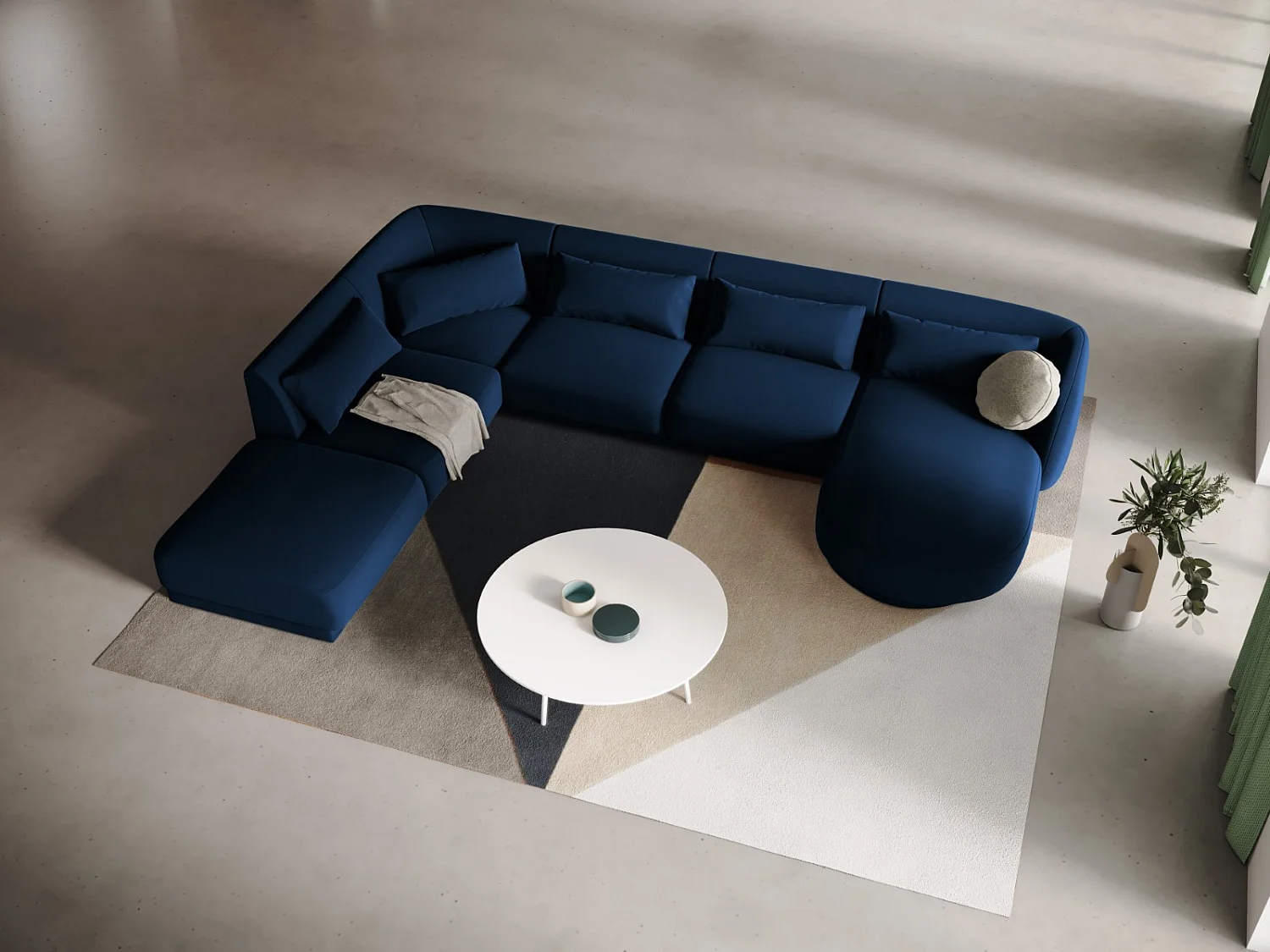 Cosmopolitan Design - 6-Sitzer Panoramasofa links "Tulum" aus Samt königsblau - 330x255x70cm