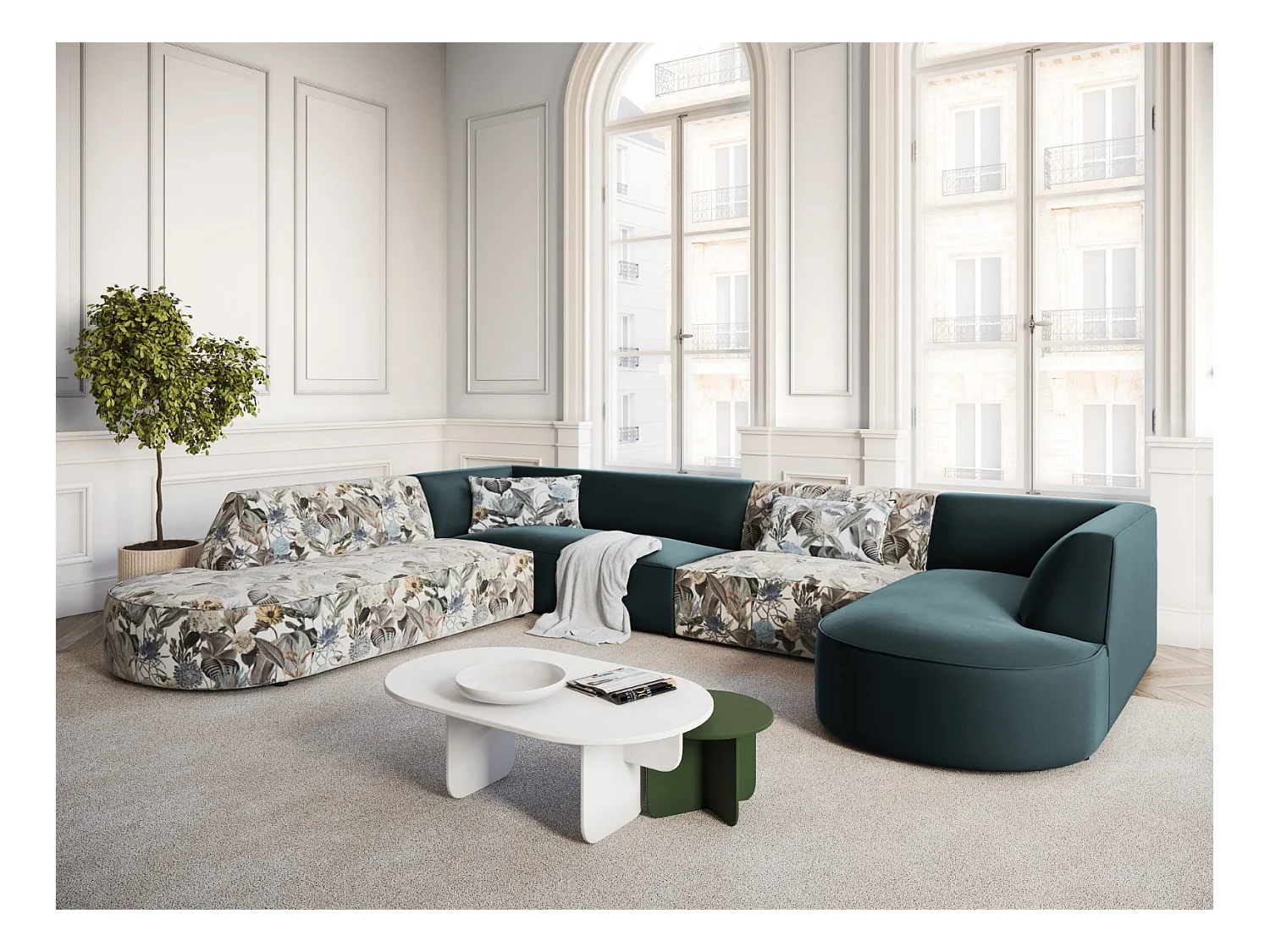 CXL by Christian Lacroix - Panoramische hoekbank links "Charles" 7 zitplaatsen, Flueel, lichtblauw tuinpatroon, blauw - 366x273x69cm