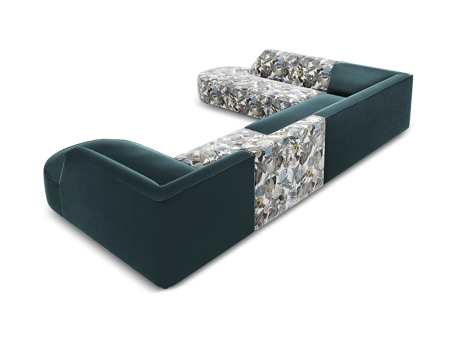 CXL by Christian Lacroix - Panoramische hoekbank links "Charles" 7 zitplaatsen, Flueel, lichtblauw tuinpatroon, blauw - 366x273x69cm