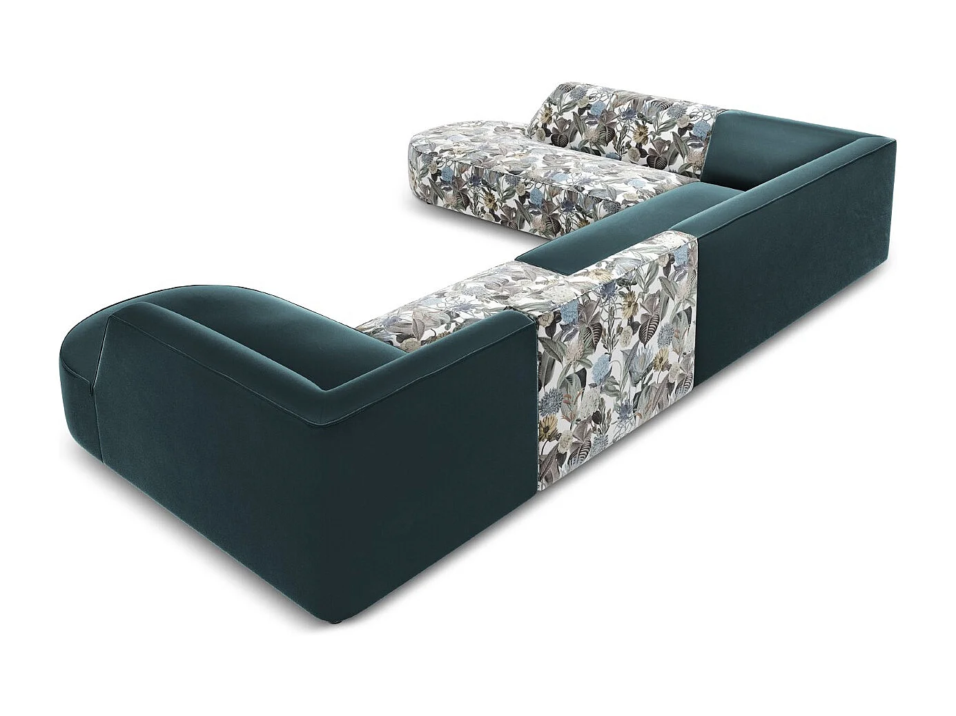 CXL by Christian Lacroix - Panoramische hoekbank links "Charles" 7 zitplaatsen, Flueel, lichtblauw tuinpatroon, blauw - 366x273x69cm