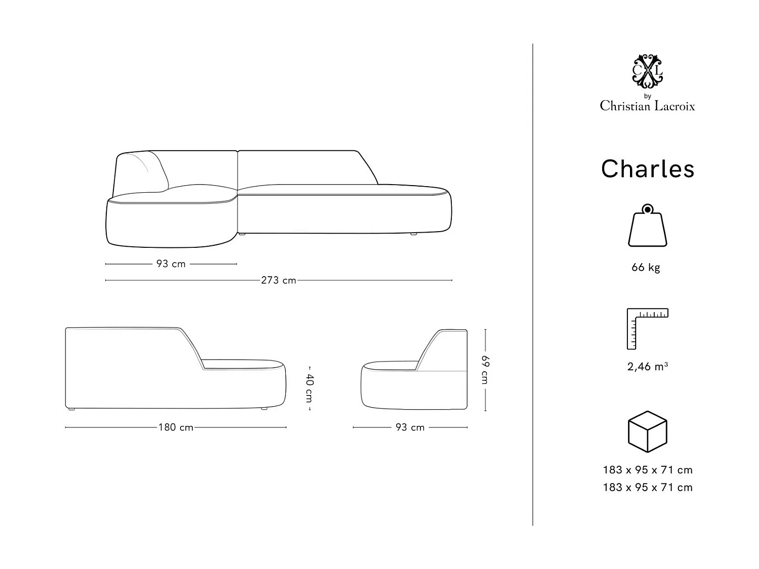CXL by Christian Lacroix - Canapé d'angle gauche "Charles" 4 places en velours vert - 273x180x69cm
