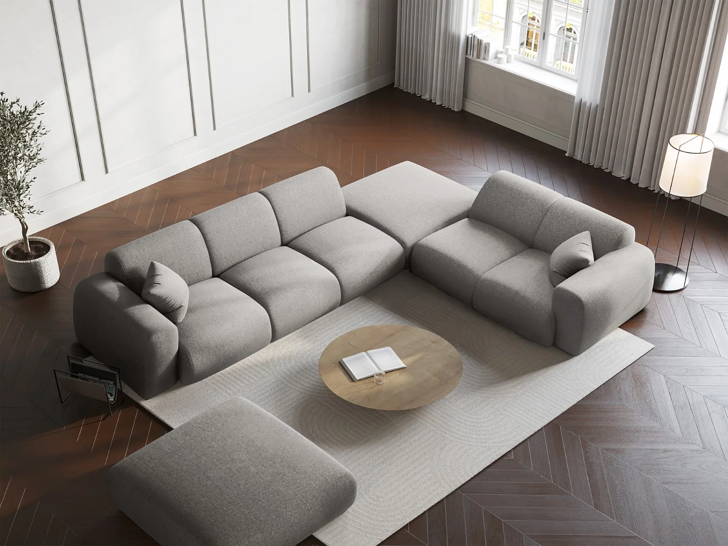 Cosmopolitan Design - Divano angolare destro "Nolio" 4 posti in ciniglia grigio chiaro - 315x250x72cm