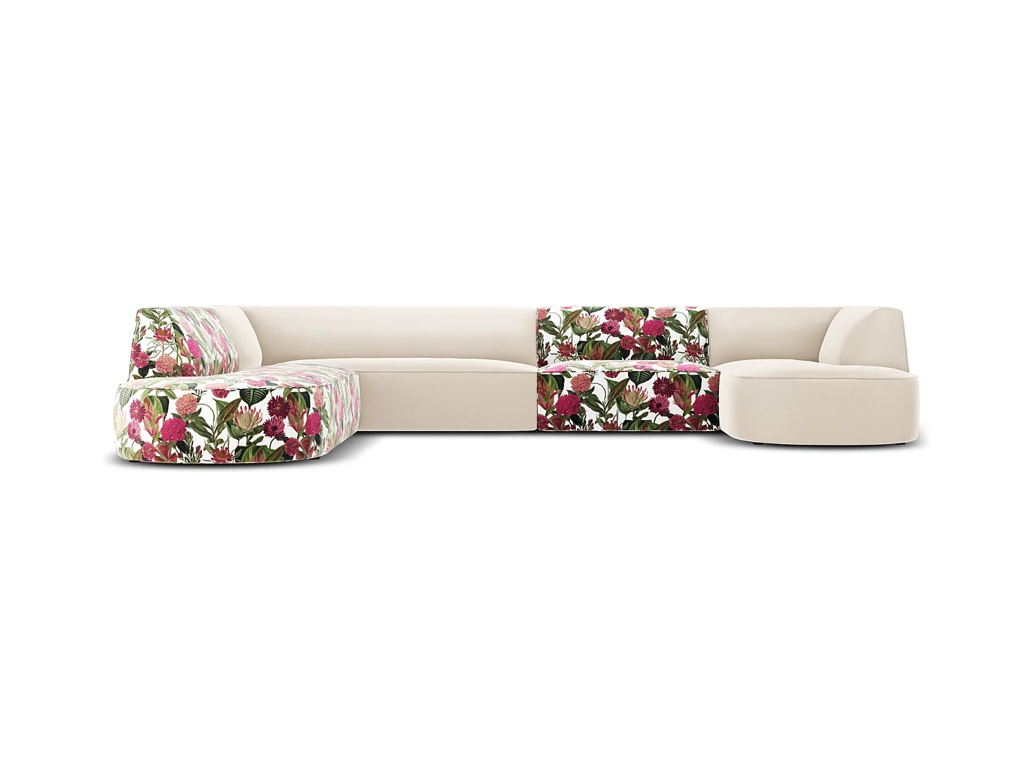 CXL by Christian Lacroix - Canapé d'angle gauche panoramique "Charles" 7 places en velours motif de rose de jardin,beige - 366x273x69cm