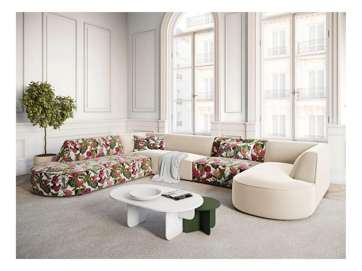 CXL by Christian Lacroix - Panoramische hoekbank links "Charles" 7 zitplaatsen, Flueel, tuinrozenpatroon, beige - 366x273x69cm