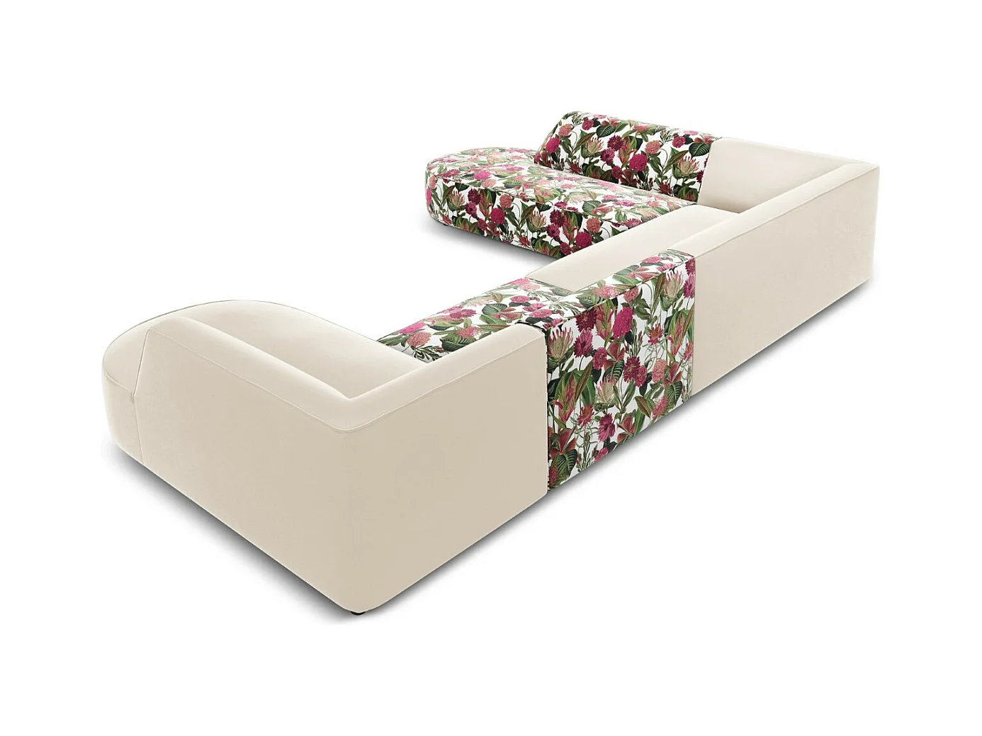 CXL by Christian Lacroix - Panoramische hoekbank links "Charles" 7 zitplaatsen, Flueel, tuinrozenpatroon, beige - 366x273x69cm