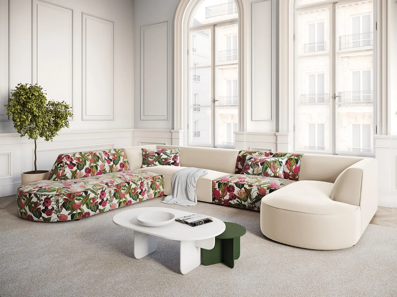 CXL by Christian Lacroix - Panoramische hoekbank links "Charles" 7 zitplaatsen, Flueel, tuinrozenpatroon, beige - 366x273x69cm