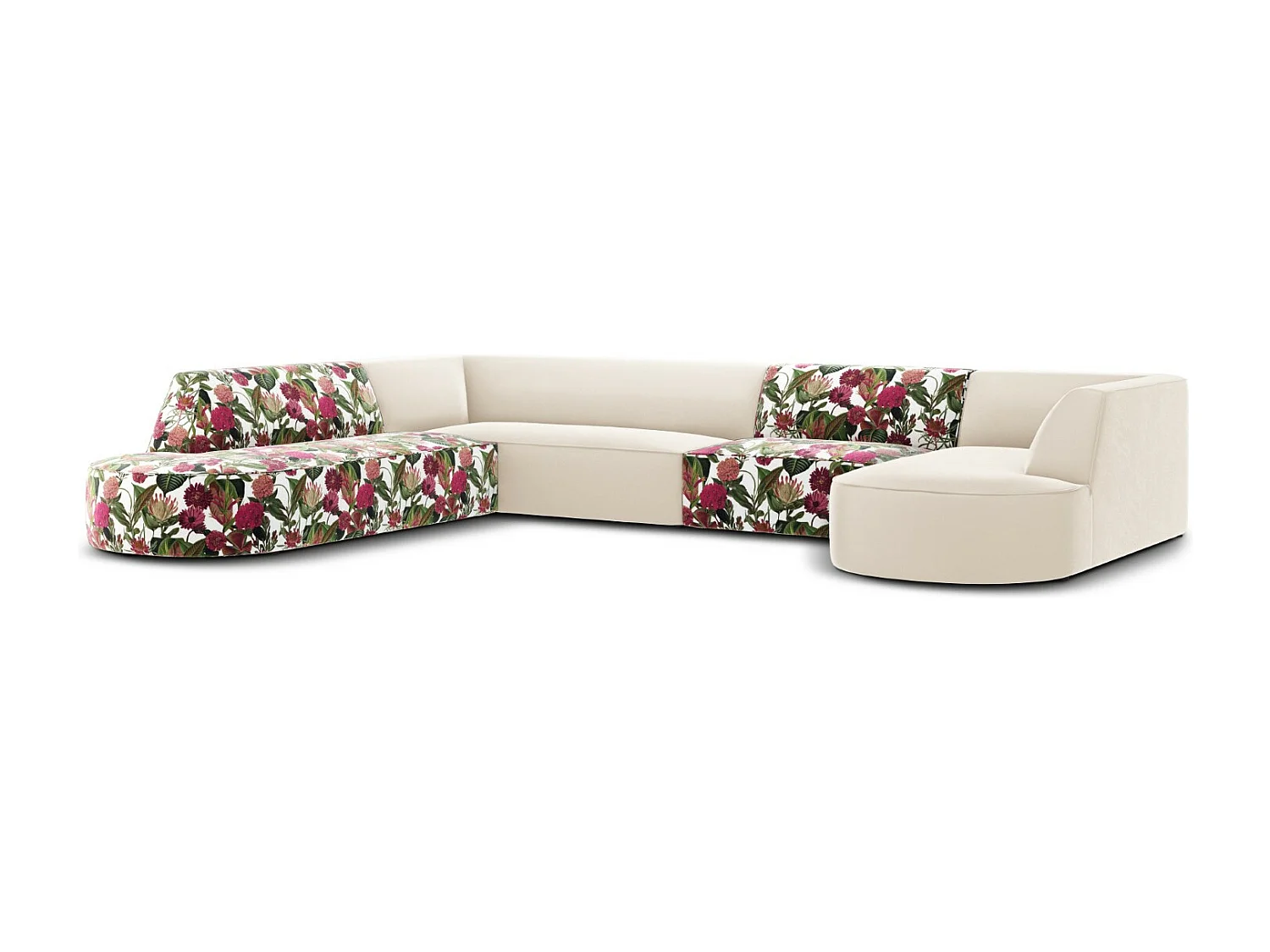 CXL by Christian Lacroix - Panoramische hoekbank links "Charles" 7 zitplaatsen, Flueel, tuinrozenpatroon, beige - 366x273x69cm