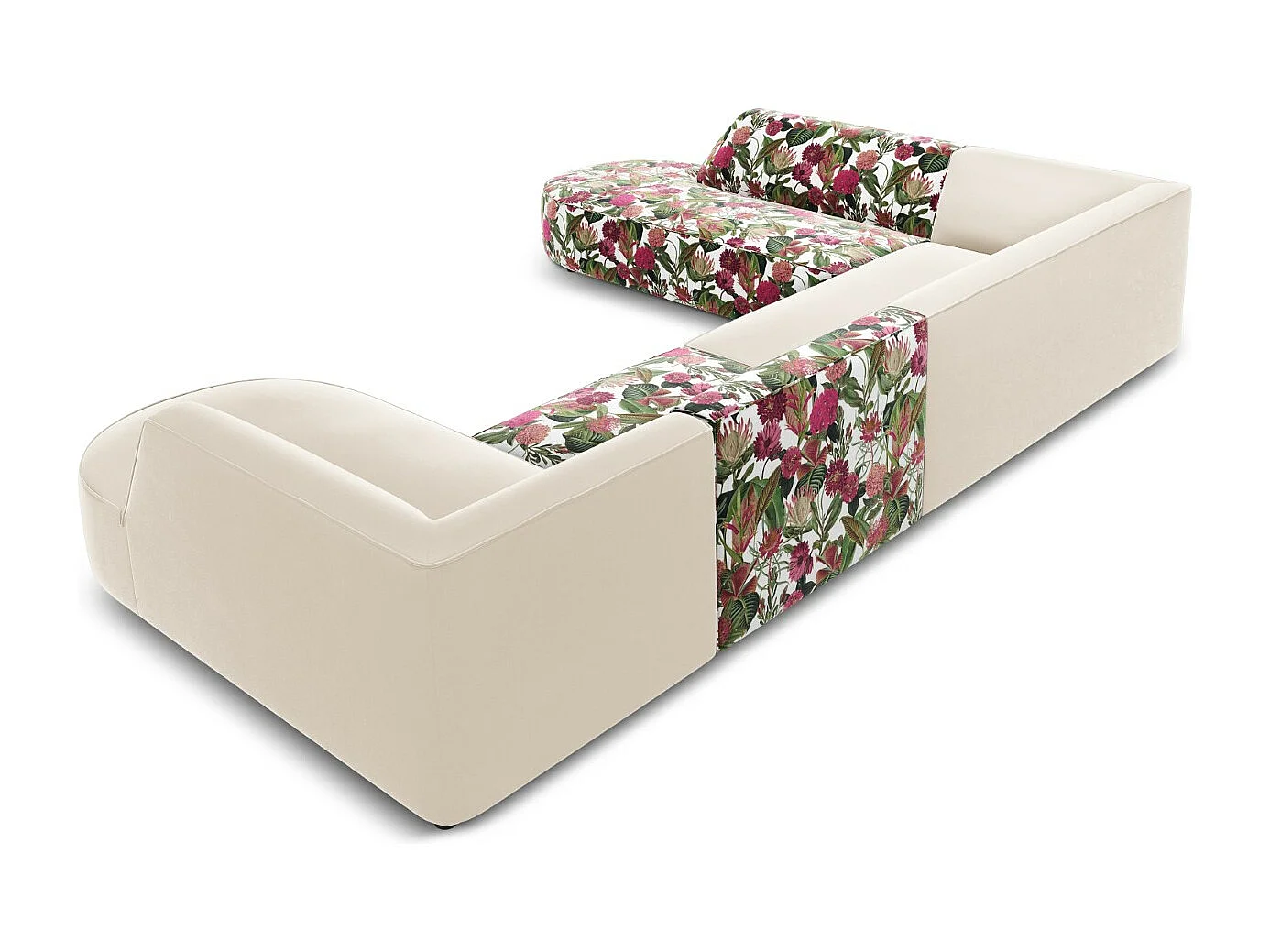 CXL by Christian Lacroix - Panoramische hoekbank links "Charles" 7 zitplaatsen, Flueel, tuinrozenpatroon, beige - 366x273x69cm