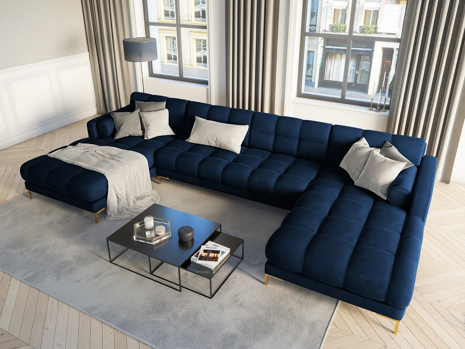 Cosmopolitan Design - Sofá panorámico "Bali" 7 plazas de terciopelo azul regio - 383x185x75cm