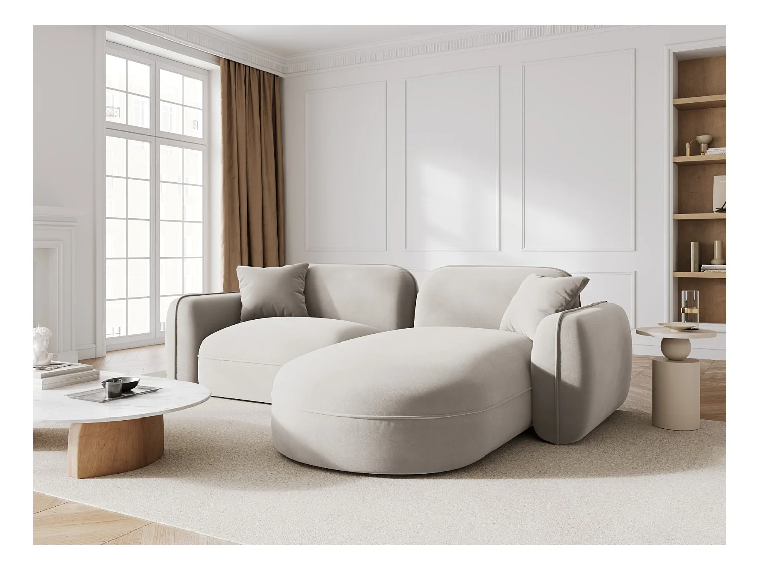 CXL by Christian Lacroix - Canapé d'angle droit modulable "Lucien" 3 places en velours beige clair - 230x165x70cm