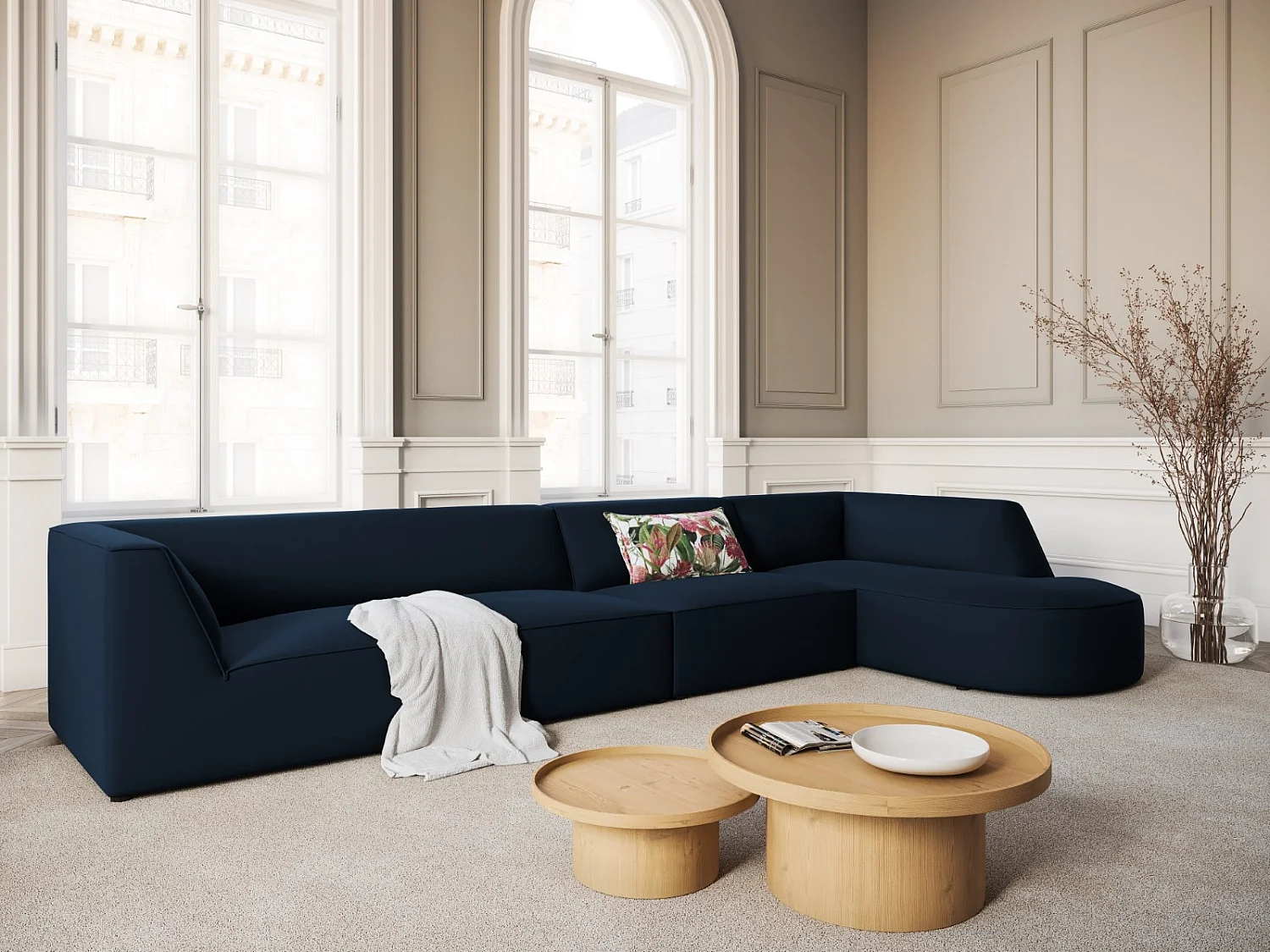 CXL by Christian Lacroix - 5-Sitzer Ecksofa rechts "Charles" Sitzer aus Samt dunkelblau - 366x180x69cm