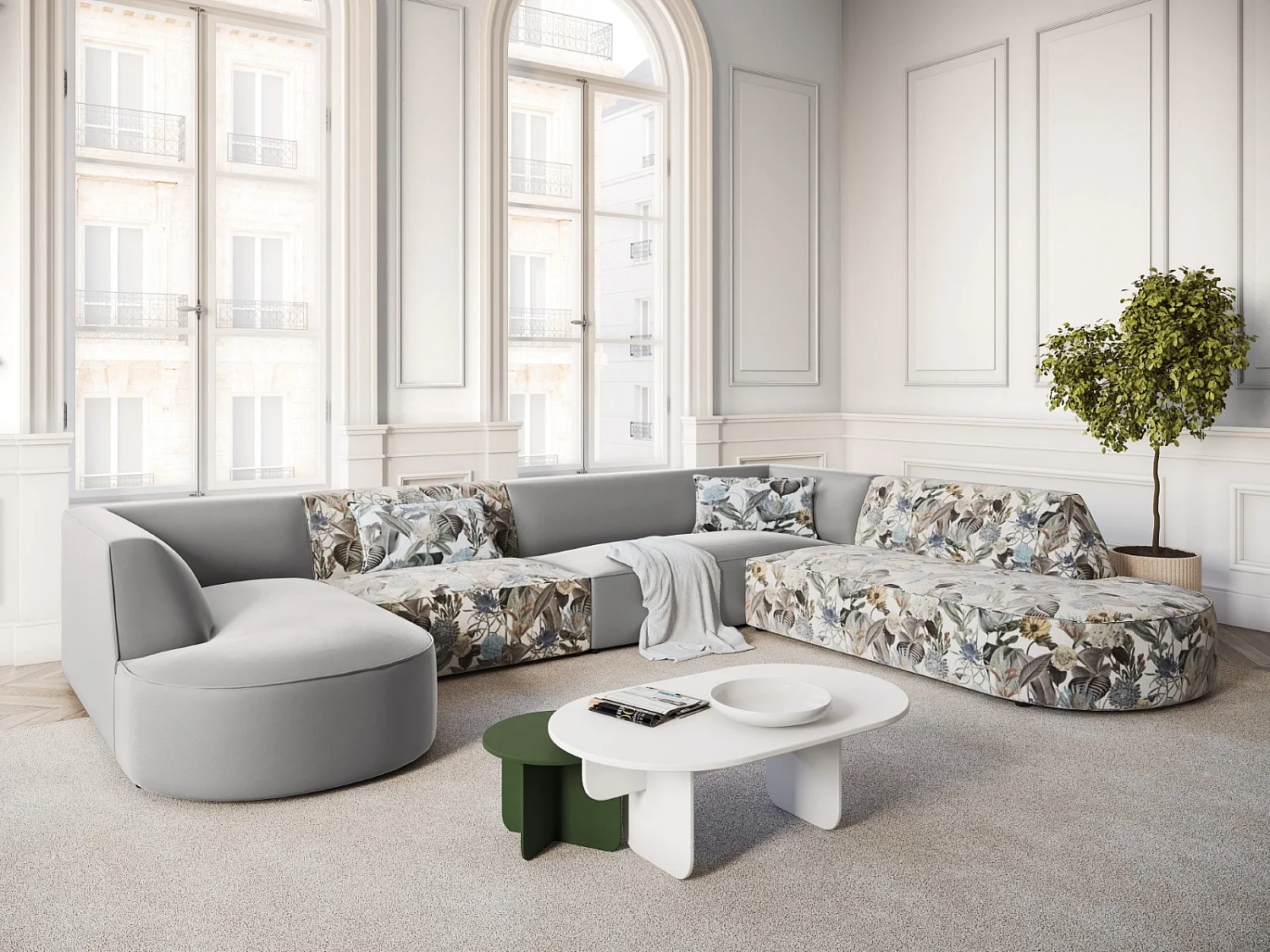 CXL by Christian Lacroix - Canapé d'angle droit panoramique "Charles" 7 places en velours motif de jardin bleu clair,gris clair - 366x273x69cm