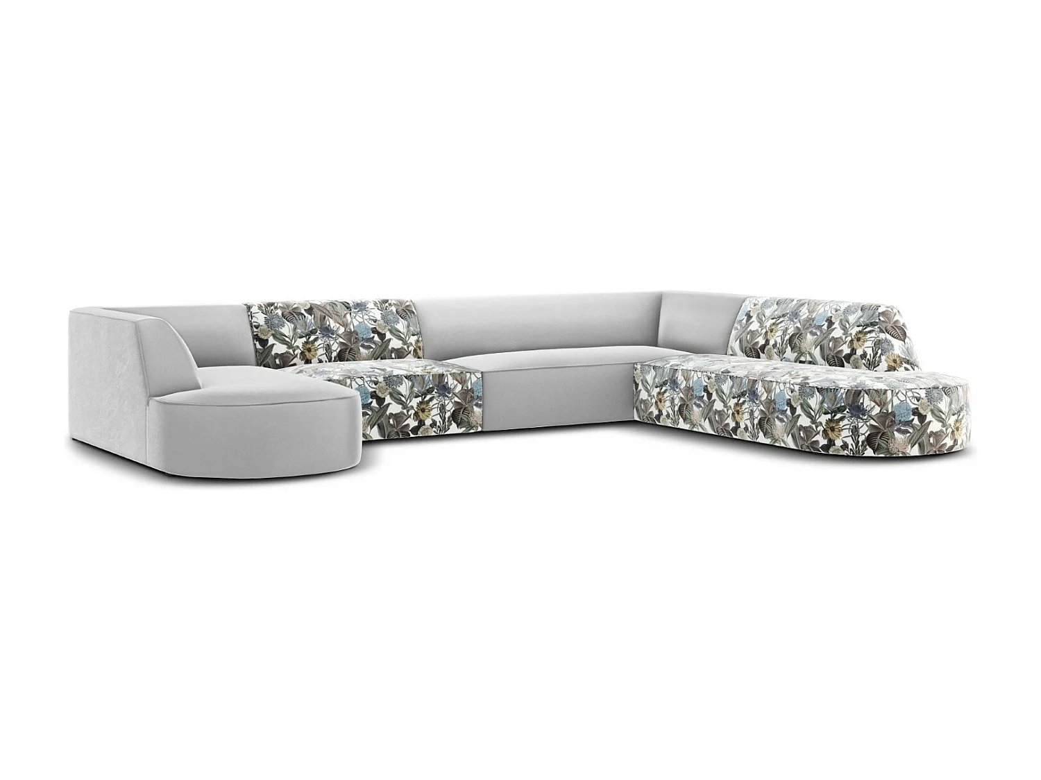 CXL by Christian Lacroix - Canapé d'angle droit panoramique "Charles" 7 places en velours motif de jardin bleu clair,gris clair - 366x273x69cm