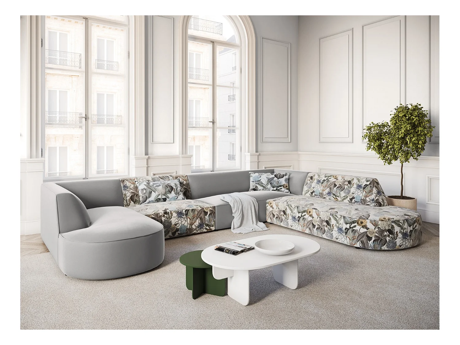 CXL by Christian Lacroix - Panoramische hoekbank rechts "Charles" 7 zitplaatsen, Flueel, lichtblauw, lichtgrijs tuinpatroon - 366x273x69cm