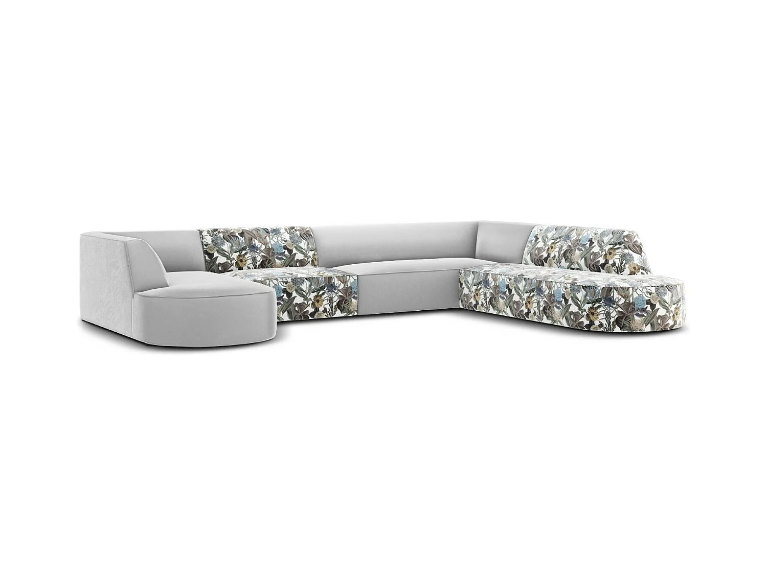 CXL by Christian Lacroix - Panoramische hoekbank rechts "Charles" 7 zitplaatsen, Flueel, lichtblauw, lichtgrijs tuinpatroon - 366x273x69cm
